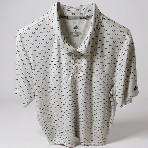 Adidas Golf Polo Shirt Mens LARGE White All Over Print Performance UPF Stretch - Picture 2 of 8
